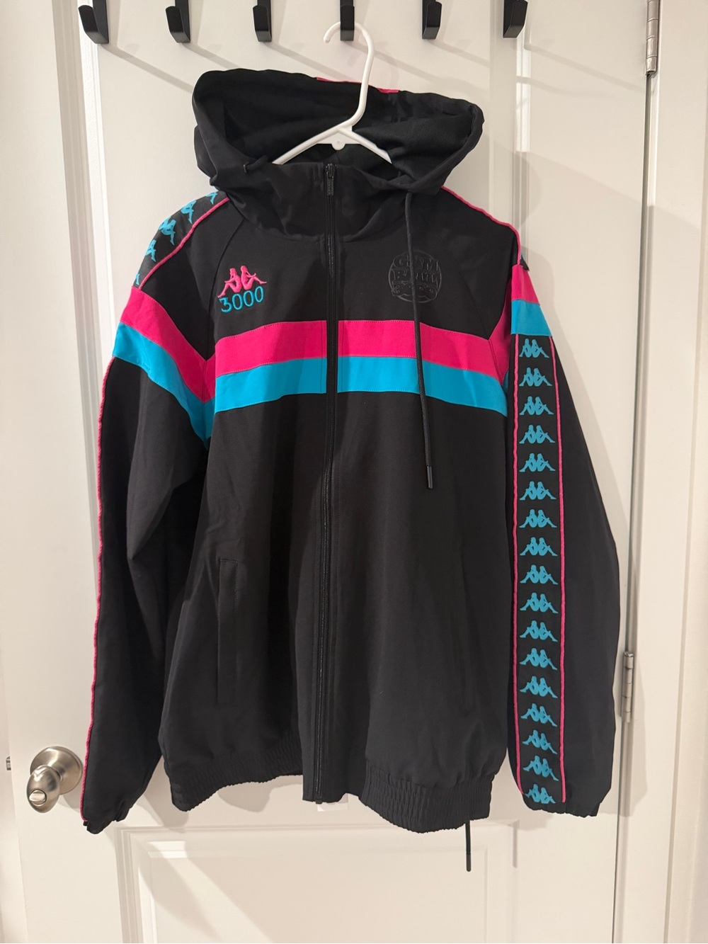 Kappa Black Hooded Track Suit with Pink and Teal Stripes